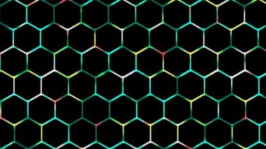 Canlandırılmış Renkli 2D parlayan dijital teknoloji altıgen ağ arka planı, parlayan neon ışığı oyun arka planı