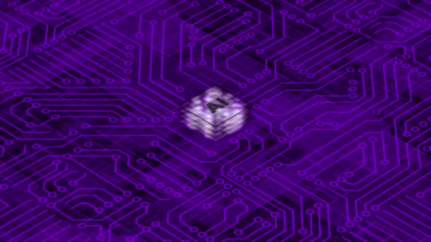 Chip Animado Púrpura Ordenador Con Conexiones Señales Procesador Informático Fondo — Vídeo de stock