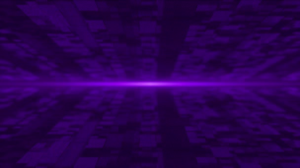 Animowane Fioletowe Cząstki Latające Cyfrowej Cyberprzestrzeni Promieni Świetlnych Cyfrowe Tło — Wideo stockowe