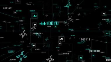 Canlandırılmış Cyan ve beyaz 3 boyutlu teknoloji elementi yapay zeka matrisi siyah arkaplan