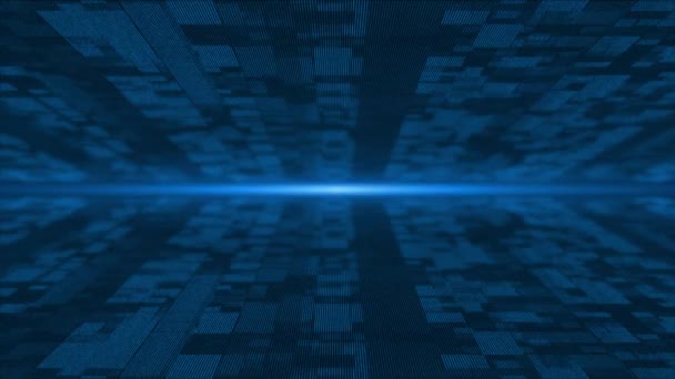 Анімовані Королівські Блакитні Літаючі Частинки Цифровому Технологічному Кіберпросторі Світловими Променями — стокове відео