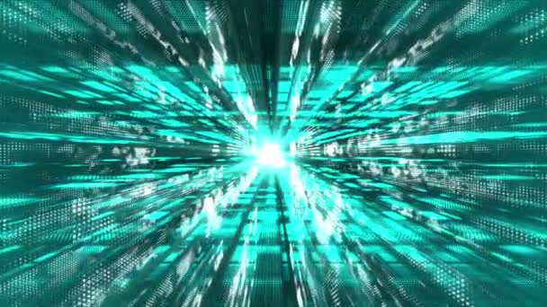 Анимированные Cyan Плавающие Частицы Цифровом Технологическом Киберпространстве Световыми Лучами — стоковое видео