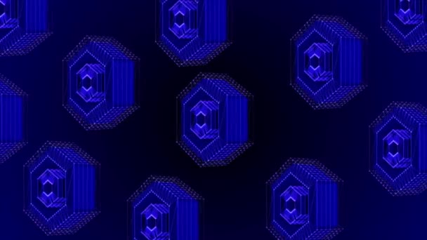 Animated Blue Color Rotating Hexagon Glowing Wireframe Points Lines — Stok Video