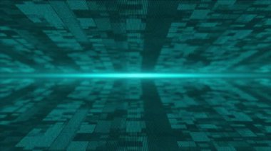 Canlandırılmış Cyan parçacıkları ışık ışınları ile dijital 3D teknolojik siber uzayda uçuyor. Dijital matris geleceksel arkaplanı
