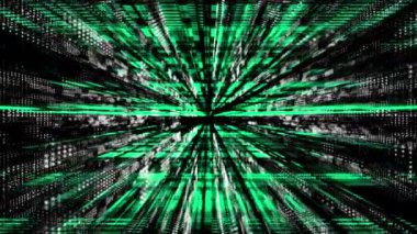 Canlandırılmış Cyan parçacıkları ışık ışınları ile dijital 3D teknolojik siber uzayda uçuyor. Dijital matris geleceksel arkaplanı