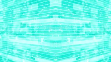 Canlandırılmış Cyan parçacıkları ışık ışınları ile dijital 3D teknolojik siber uzayda uçuyor. Dijital matris geleceksel arkaplanı