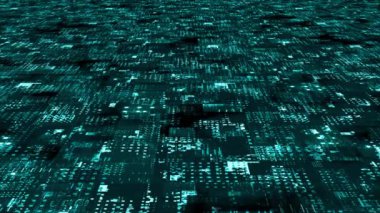 Canlandırılmış Cyan parçacıkları ışık ışınları ile dijital 3D teknolojik siber uzayda uçuyor. Dijital matris geleceksel arkaplanı