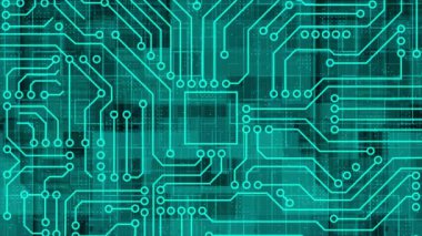 Canlandırılmış Cyan parçacıkları ışık ışınları ile dijital 3D teknolojik siber uzayda uçuyor. Dijital matris geleceksel arkaplanı