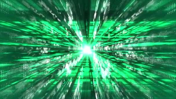 光線を用いたデジタル3Dテクノロジーサイバースペースのアニメーションシアン飛行粒子 デジタルマトリックスの未来的な背景 — ストック動画