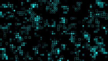 Canlandırılmış Cyan parçacıkları ışık ışınları ile dijital 3D teknolojik siber uzayda uçuyor. Dijital matris geleceksel arkaplanı