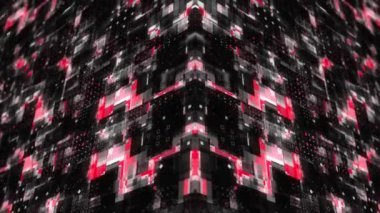 Canlandırılmış Cyan parçacıkları ışık ışınları ile dijital 3D teknolojik siber uzayda uçuyor. Dijital matris geleceksel arkaplanı