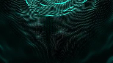 Canlandırılmış Cyan parçacıkları ışık ışınları ile dijital 3D teknolojik siber uzayda uçuyor. Dijital matris geleceksel arkaplanı