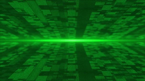 Partículas Voladoras Verdes Animadas Ciberespacio Tecnológico Digital Con Rayos Luz — Vídeo de stock