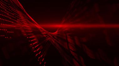 Animasyon kırmızı renk dijital veri akışı parçacıkları siber teknoloji fütüristik arkaplan, parlayan kırmızı renk dijital optik ışık ışınları