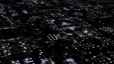 Siyah arka planda yüksek teknolojili 3D teknoloji siber uzayı görünüp kaybolan canlandırılmış soyut siber-kurgu döngüsü