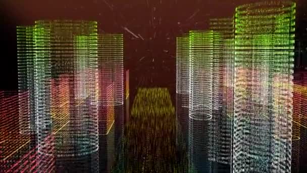 サイバー空間の3Dサイバー都市を介してアニメーションフライング ハイテクサイバー都市技術の背景 — ストック動画