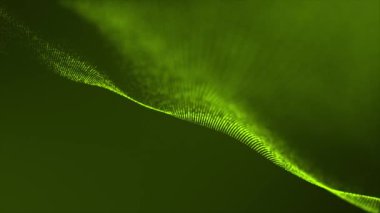Canlandırılmış kireç yeşili dijital soyut parçacık dalga arkaplanı, siber veya teknolojik arkaplan parçacıkları hareket ettiriyor