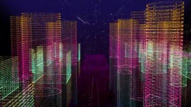 Siber uzayda 3D siber şehirde uçan animasyon, yüksek teknolojili siber-kurgu şehir teknolojisi arka planı