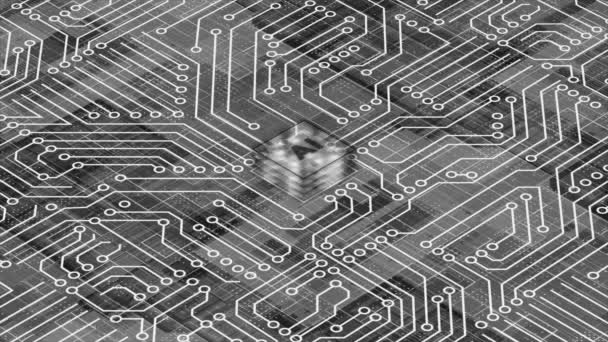 接続および信号が付いているアニメーションされた白い3Dコンピュータ破片 人工知能コンピュータプロセッサの背景 他のボード回路パターンの背景 — ストック動画