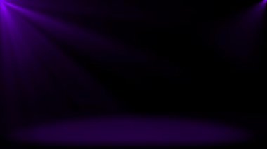 Animasyon soyut parlak ışık ışınları yere düşüyor, mor optik ışıltılar koyu arkaplan