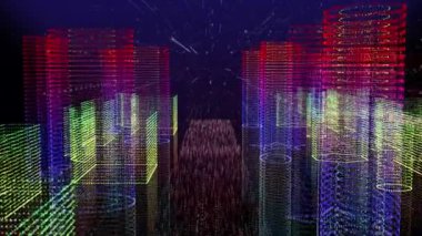 Siber uzayda 3D siber şehirde uçan animasyon, yüksek teknolojili siber-kurgu şehir teknolojisi arka planı