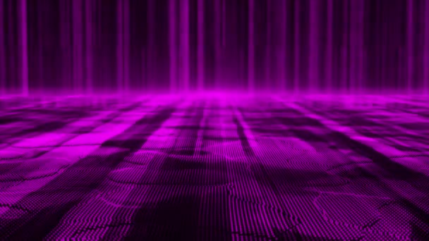 動物化された紫色色のデジタルデータフロー粒子サイバー技術未来的な背景 輝く紫色のデジタル光線 — ストック動画