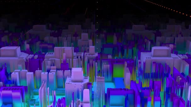 サイバー空間のハイテクサイバー都市 ハイテク都市デジタルテクノロジーの背景を介してアニメーションフライング — ストック動画