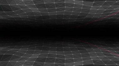 Animasyon yüksek teknoloji çizgileri ve noktalar yavaşça ilerleyen fütüristik pleksus deseni ve siyah arkaplanda yüzen çizgiler
