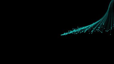 Canlandırılmış Cyan renk soyut tasarım parçacıkları yavaş yavaş siyah arkaplan üzerinde hareket ediyor, cyan parçacıkları arkaplan