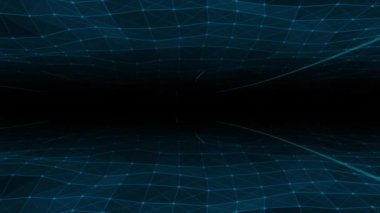 Animasyon yüksek teknoloji çizgileri ve noktalar yavaşça ilerleyen fütüristik pleksus deseni ve siyah arkaplanda yüzen çizgiler