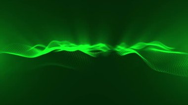 Canlandırılmış yeşil renk parçacıkları siber teknoloji arka planında dalgalanır. Parlayan noktaların soyut ve kusursuz animasyonu dijital lüks dalga deseni arka planda akıyor
