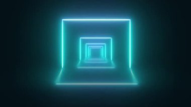 Animasyon yüksek teknoloji neon bilim kurgu tüneli. Moda neon parlaklık çizgileri tünel deseni oluşturur. Teknolojik siber uzayda uçmak. 3d döngülü, kusursuz arkaplan