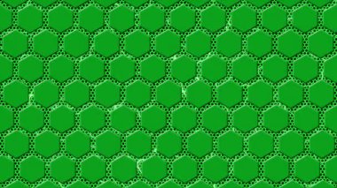Animasyon yüksek teknolojili altı köşeli şekiller parlayan metal ağ fütüristik arka planı, yeşil altıgen şekiller yüksek teknolojili arka plan