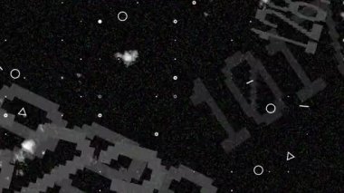 Canlandırılmış beyaz renk soyut çoklu şekiller ve tahıllar siyah arkaplan üzerinde hareket ediyor, vintage kumlu döngü tabanlı ses arkaplanı