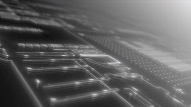 Canlandırılmış beyaz renk, parlak yüksek teknolojili ana kart çipi boş uzay fütüristik bilim kurgu teknolojisi arka planına sahip.