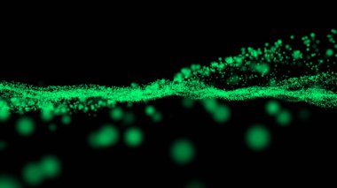 3D görüntüleme, soyut ışıldayan parçacıklar hareket halinde, bilgisayar destekli arkaplan, yeşil, ışık dalgası, dalga, dijital akış, geleceksel, tasarım