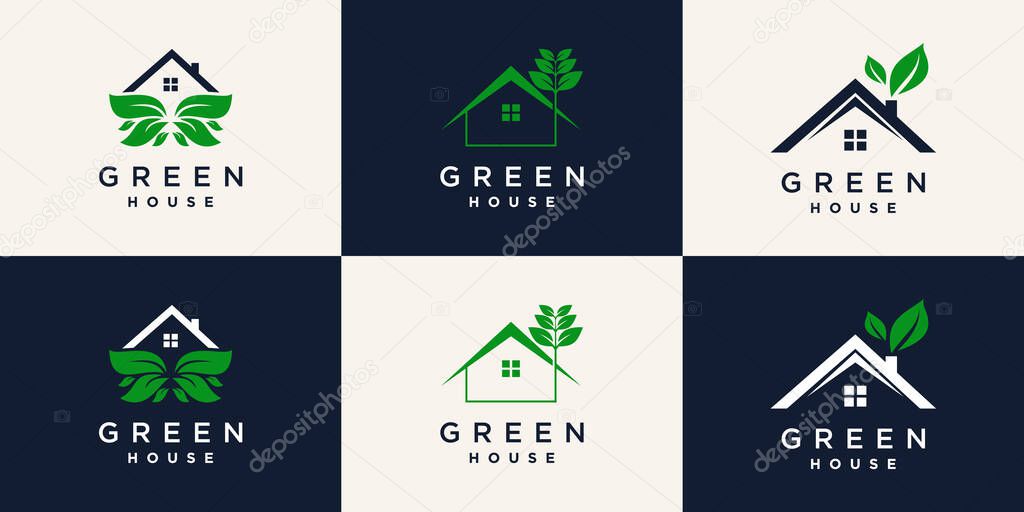 Set of green house logo design with creative concept Premium Vector