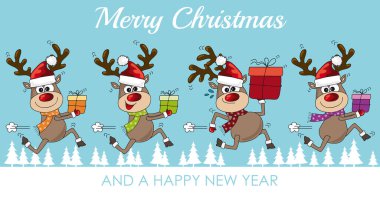 Kırmızı Noel Baba şapkalı ve eşarplı şirin geyikler, karlı kış manzaralarında Noel hediyeleriyle koşuşturuyor, komik noel karikatürleri, tebrik kartları ya da kuponlar basıyor, sosyal medya paylaşımları ya da web için arka plan afişi, vektör illüstrasyon şablonu