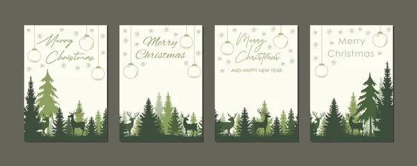 Zestaw Bożonarodzeniowych Leśnych Krajobrazów Jeleniami Kolekcja Drukowanych Świątecznych Szablonów Kartek — Wektor stockowy