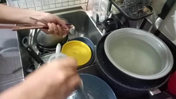 Lave Los Restos Comida Antes Lavarlos Con Solución — Vídeo de stock