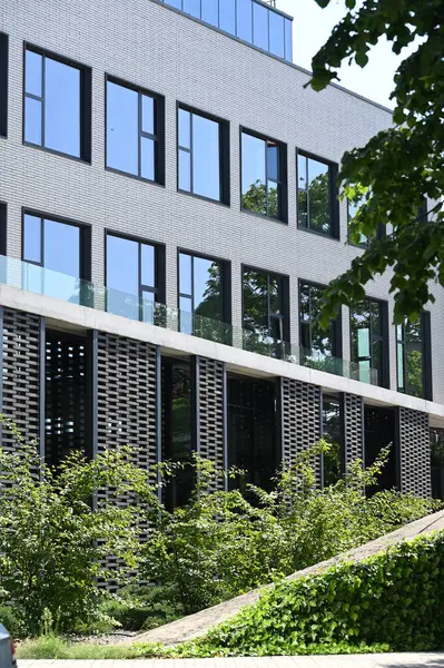 Fachada Edifício Moderno Com Janelas Retangulares Nos Andares Superiores — Fotografia de Stock