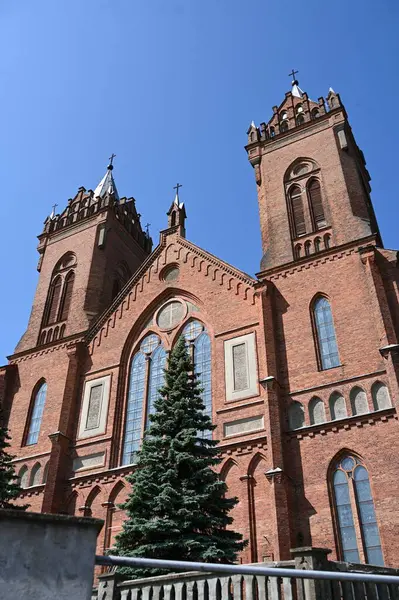 Église Néo Gothique Brique Rouge Façade Avant Kupikis Lituanie — Photo