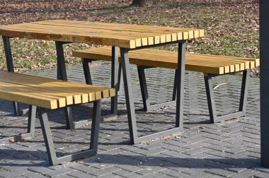 Sonbahar parkında boş ahşap banklar