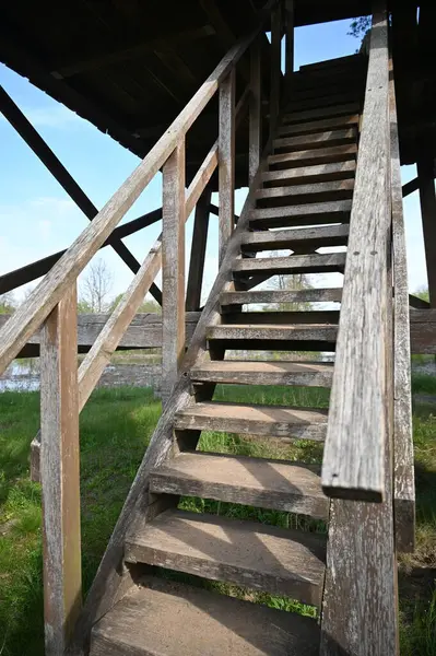 Parktaki eski ahşap merdiven.