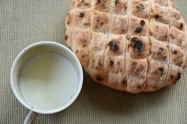 Kahvaltıda taze ekmek ve süt.