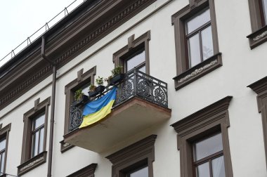 Kiev, Ukrayna. 16 yaşında. On. Ukrayna bayrağı ve rüzgârda dalgalanan Ukrayna bayrağı.