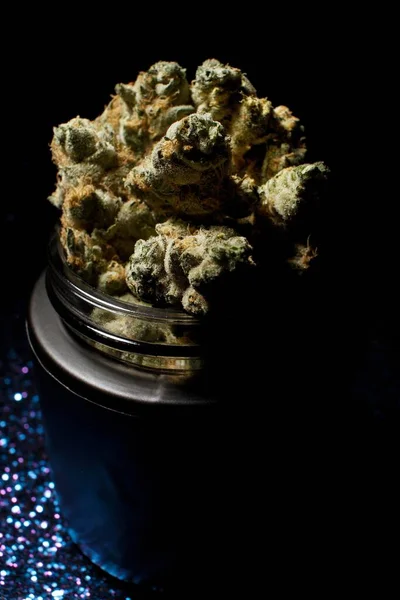 Cannabis Glass Jar Blue Sparkle — Stock Photo, Image
