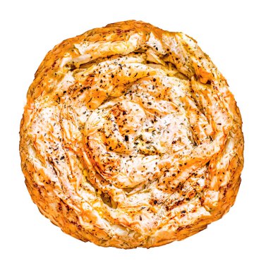 Traditional feta cheese phyllo pastry pie banitsa isolated on white background. top view. clipart