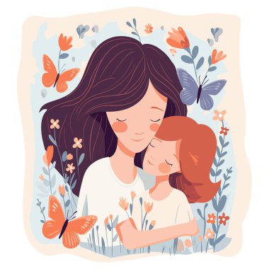 Beyaz arka planda Anneler Günü düz kart vektör çizimi. Narin çiçekler ve kelebeklerle çevrili sevgi dolu bir anne ve çocuk.