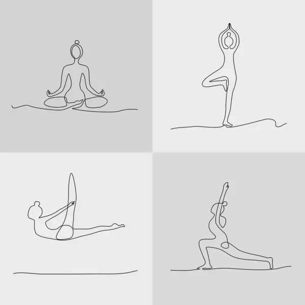 Küme Sürekli Çizgi Çizme Kadın Egzersiz Yoga Poz Yapmak Vektör — Stok Vektör